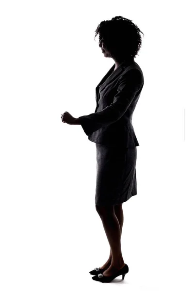 Silhouette Una Donna Affari Nera Gesticolando Felice Facendo Una Posa — Foto Stock