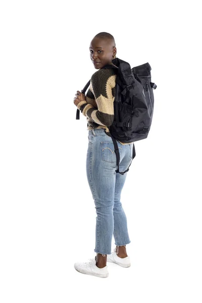 Schwarzafrikanisch Amerikanische Frau Trägt Einen Rucksack Der Auf Weißem Hintergrund — Stockfoto