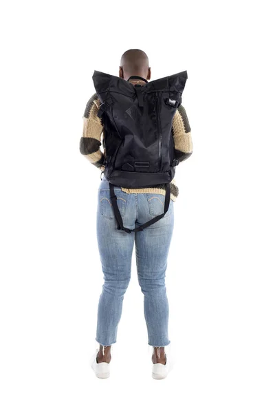 Schwarzafrikanisch Amerikanische Frau Trägt Einen Rucksack Der Auf Weißem Hintergrund — Stockfoto