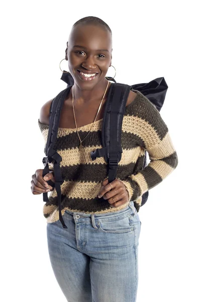 Mulher Negra Afro Americana Usando Uma Mochila Isolada Fundo Branco — Fotografia de Stock