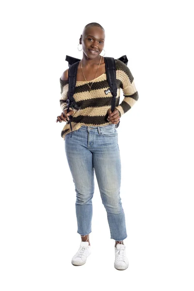 Black African American Female Wearing Backpack Isolated White Background She — Stock Photo, Image