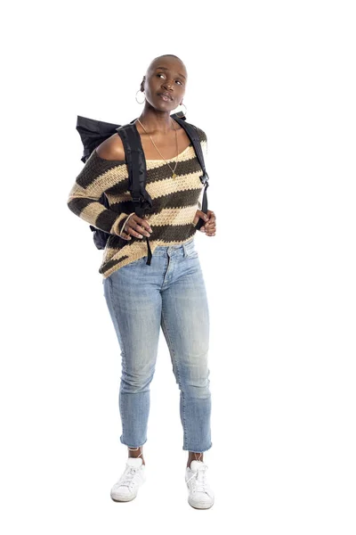 Donna Afroamericana Nera Con Uno Zaino Isolato Sfondo Bianco Lei — Foto Stock