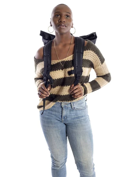 Black African American Female Wearing Backpack Isolated White Background She — Stock Photo, Image