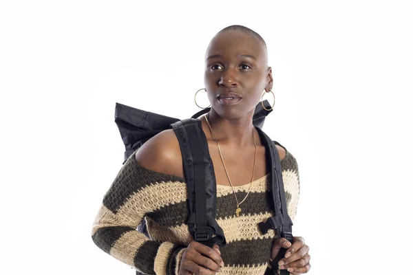 Black African American Female Wearing Backpack Isolated White Background She — Stock Photo, Image