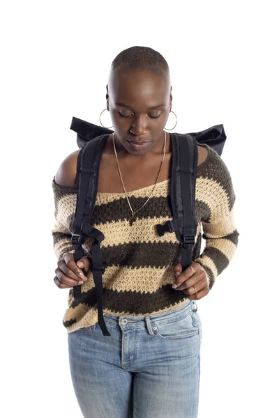 Mulher Negra Afro Americana Usando Uma Mochila Isolada Fundo Branco — Fotografia de Stock