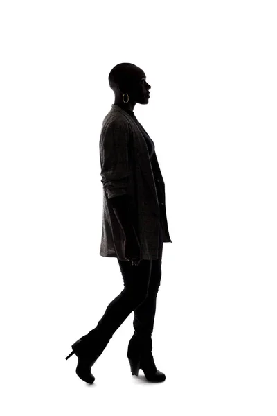 Black Female African American Model Silhouette White Background She Walking — Stock Photo, Image