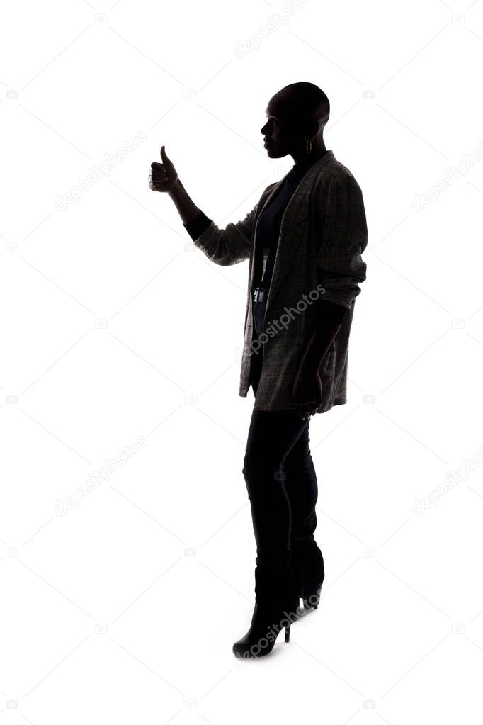 Black female African American model silhouette on a white background.  She is holding thumbs up in approval