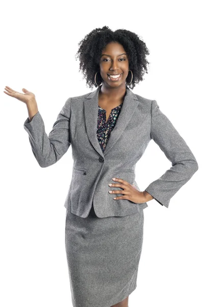 Fekete Afrikai Amerikai Női Üzletasszony Izolált Fehér Háttér Reklám Bemutatása — Stock Fotó