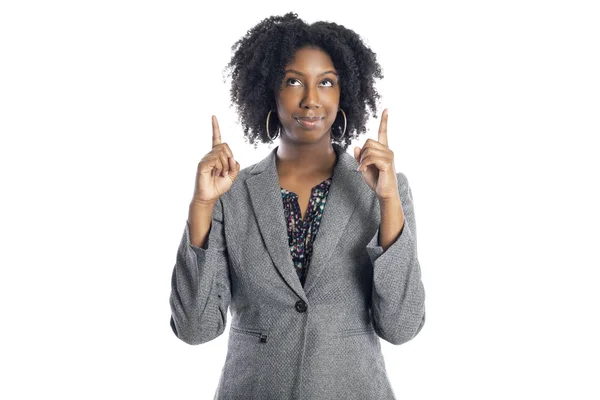 Black African American Female Businesswoman Isolated White Background Advertising Pointing — Stock Photo, Image