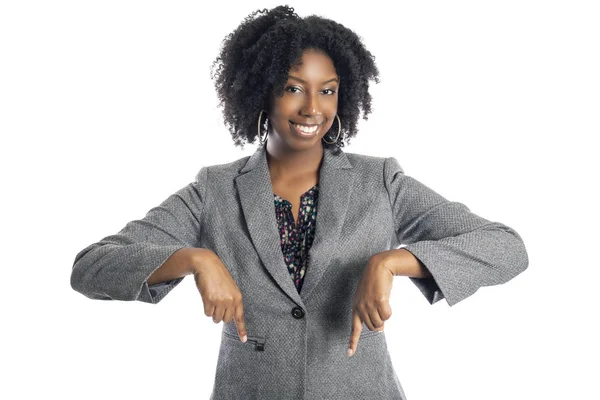 Femme Affaires Afro Américaine Noire Isolée Sur Fond Blanc Publicité — Photo