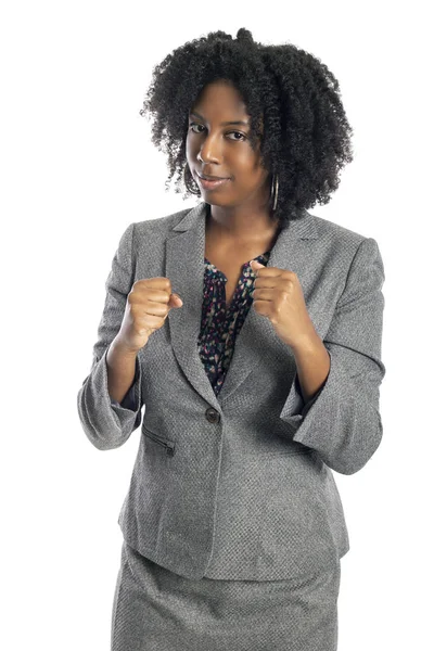 Negra Afro Americana Mulher Negócios Isolado Fundo Branco Olhando Com — Fotografia de Stock