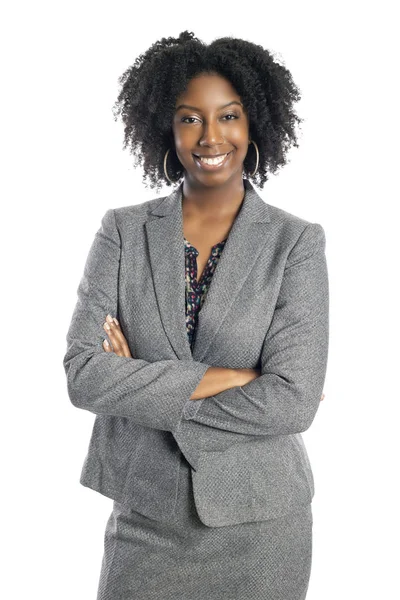 Mulher Negra Afro Americana Empresária Isolada Fundo Branco Olhando Confiante — Fotografia de Stock