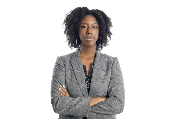 Mulher Negra Afro Americana Empresária Isolada Fundo Branco Olhando Confiante — Fotografia de Stock