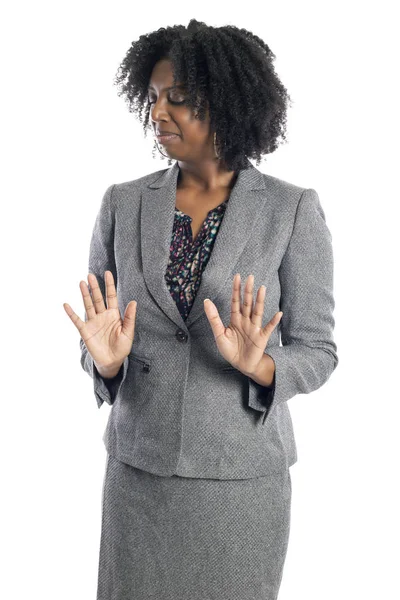 Schwarzafrikanisch Amerikanische Geschäftsfrau Isoliert Auf Weißem Hintergrund Sieht Angewidert Und — Stockfoto