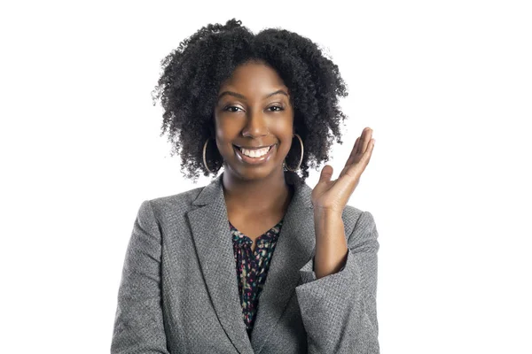 Negra Afro Americana Mulher Negócios Isolado Fundo Branco Olhando Feliz — Fotografia de Stock