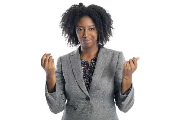 Mulher Negra Afro Americana Empresária Isolada Fundo Branco Fazendo Gesto — Fotografia de Stock
