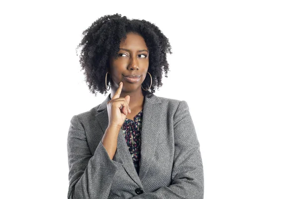 Mulher Negra Afro Americana Empresária Isolada Fundo Branco Pensando Brainstorming — Fotografia de Stock