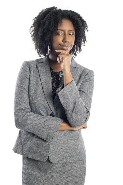 Black African American Female Businesswoman Isolated White Background Thinking Brainstorming — Stock Photo, Image