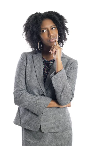 Mulher Negra Afro Americana Empresária Isolada Fundo Branco Pensando Brainstorming — Fotografia de Stock