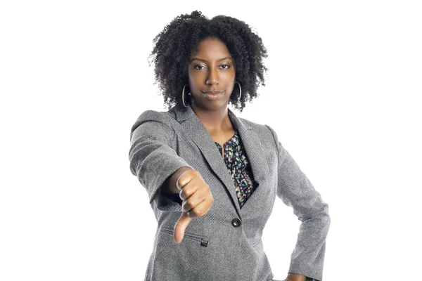 Mulher Negra Afro Americana Empresária Isolado Fundo Branco Gestos Polegares — Fotografia de Stock