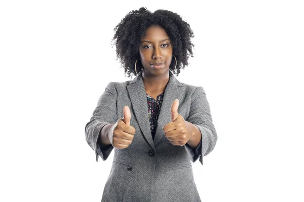 Afro Americana Donna Affari Isolato Uno Sfondo Bianco Gesticolando Pollici — Foto Stock