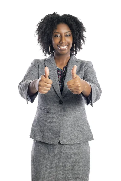 黒人アフリカ系アメリカ人女性ビジネスウーマンは 承認のために親指をジェスチャーする白い背景に隔離 — ストック写真