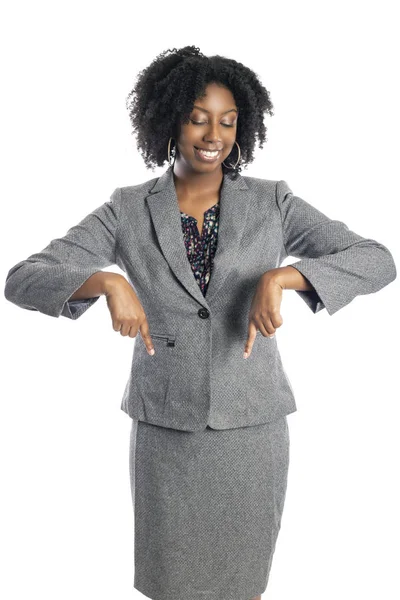 Schwarzafrikanisch Amerikanische Geschäftsfrau Isoliert Auf Weißem Hintergrund Werbung Und Zeigt — Stockfoto