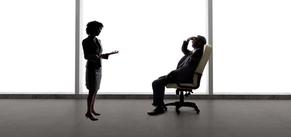 Silhouettes Businessman Businesswoman Fighting Business Partners Having Startup Problems Worker — Stock Photo, Image