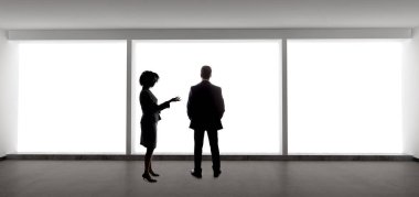 Beyaz bir işadamı ve siyah-siyah bir Afro-Amerikan iş adamının siluetleri bir iş planını tartışıyorlar. Onlar bir başlangıç şirketinin ortaklarıdır.