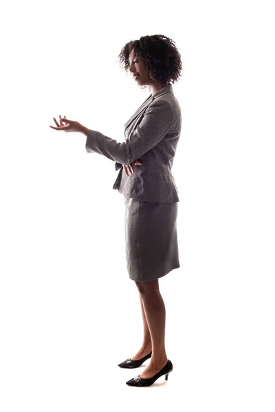 Side View Black Businesswoman Gesturing She Speaking Giving Speech Teacher — Stock Photo, Image