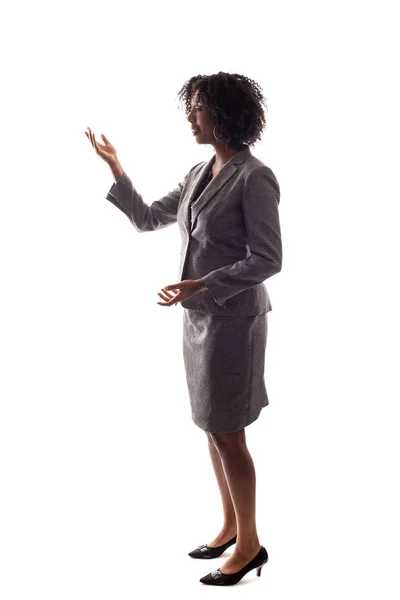 Side View Black Businesswoman Gesturing She Speaking Giving Speech Teacher — Stock Photo, Image