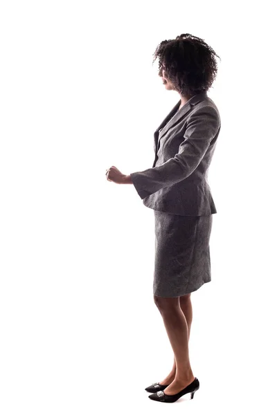 Side View Black Businesswoman Gesturing Happy Doing Cheerful Action Pose — Stock Photo, Image