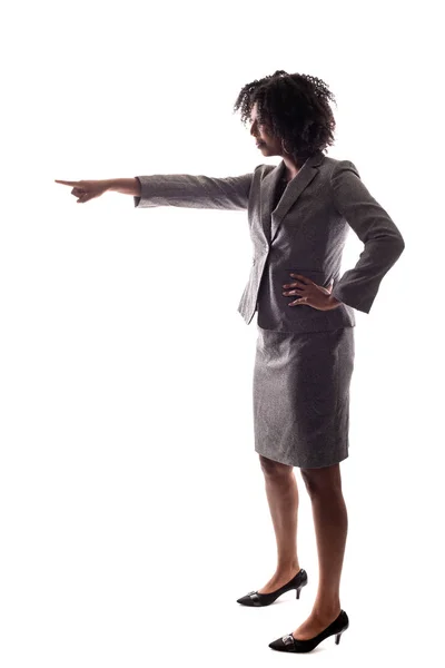 Side View Black Businesswoman Pointing Forward Isolated White Background — Stock Photo, Image