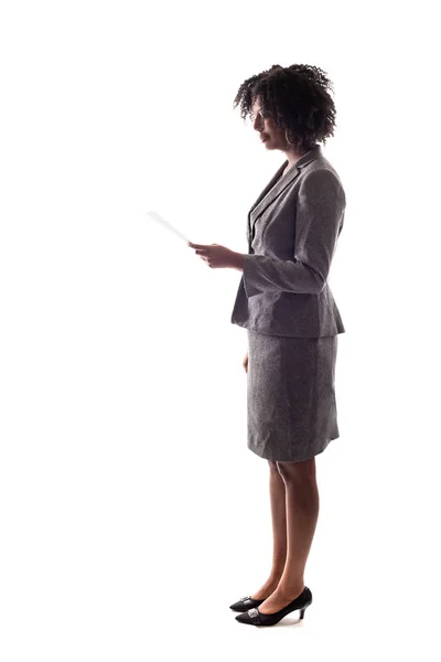 Side View Black Businesswoman Reading Document Report Resume She Could — Stock Photo, Image