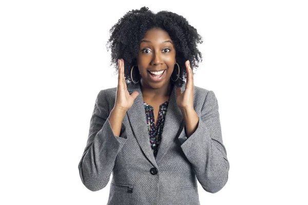 Чорний Афроамериканець Жіночий Підприємець Ізольований Білому Тлі Дивлячись Щасливим Здивований — стокове фото