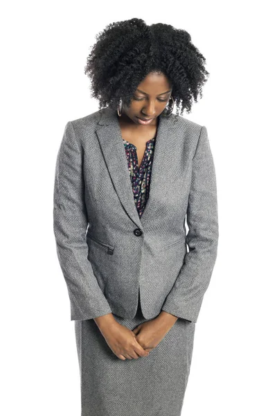 Black African American Female Businesswoman Isolated White Background Looking Sad — Stock Photo, Image