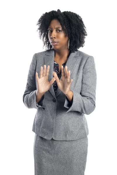 Black African American Female Businesswoman Isolated White Background Looking Scared — Stock Photo, Image