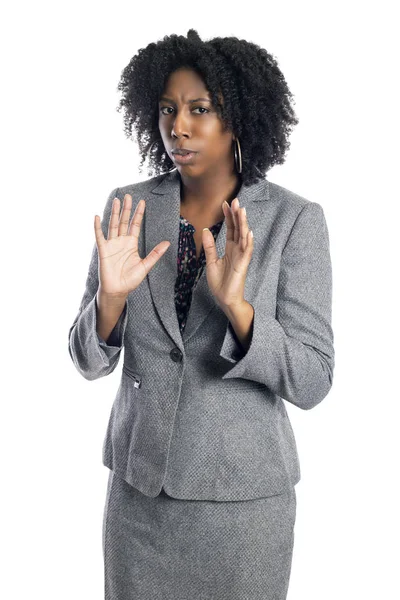 Black African American Female Businesswoman Isolated White Background Looking Scared — Stock Photo, Image