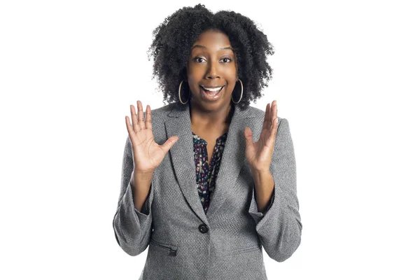 Svart Afrikansk Amerikansk Kvinnlig Affärskvinna Isolerad Vit Bakgrund Ser Lycklig — Stockfoto
