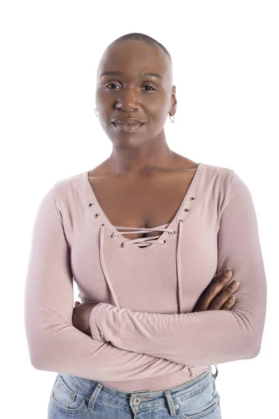 Modelo Feminino Afro Americano Preto Com Penteado Careca Vestindo Uma — Fotografia de Stock