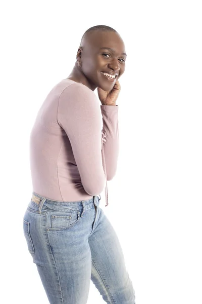 Black African American Female Model Bald Hairstyle Wearing Pink Shirt — Stock Photo, Image