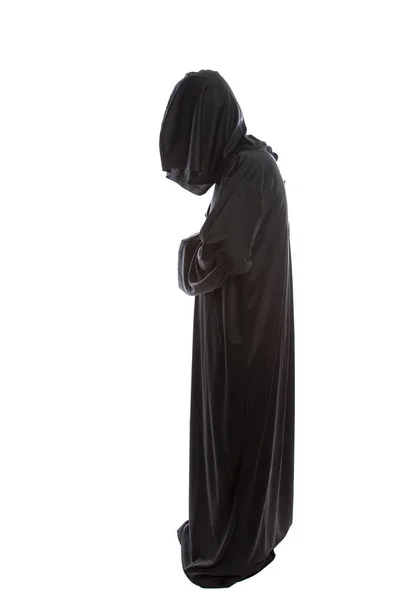 Monje Vistiendo Túnicas Negras Una Capucha Una Persona Disfraz Halloween —  Fotos de Stock
