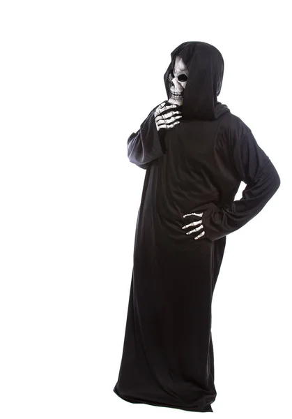 Personne Habillée Faucheur Sinistre Fantôme Mort Costume Halloween Regardant Confus — Photo