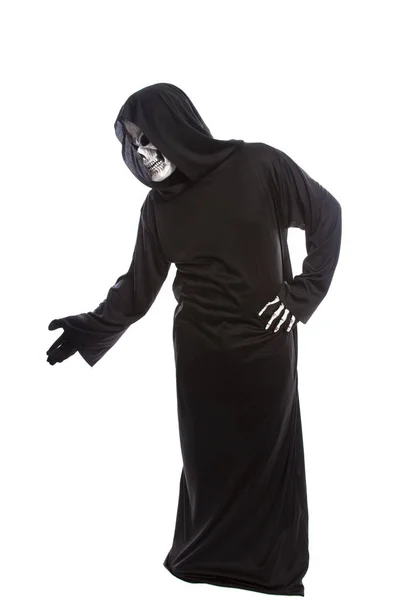 Person Sensen Oder Totengeist Halloween Kostüm Sieht Verwirrt Oder Unentschlossen — Stockfoto