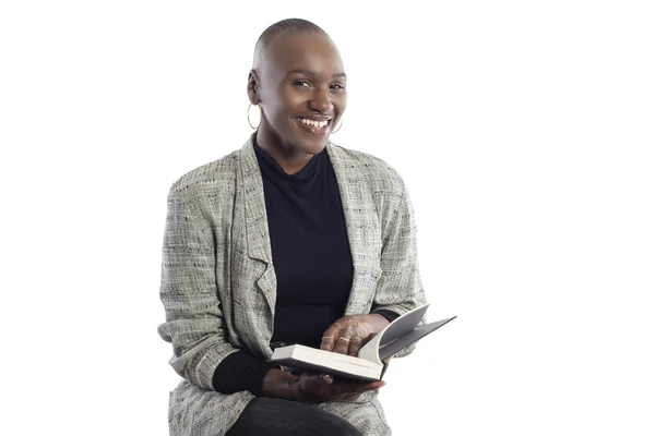 Black African American Female Author Sitting Book She Keynote Speaker — Stock Photo, Image