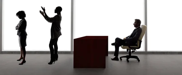 Black African American actress and scene partner auditioning for a role to a male casting director in a studio.  The actors are silhouettes and depicts the Hollywood entertainment industry.