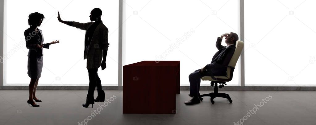 Black African American actress and scene partner auditioning for a role to a male casting director in a studio.  The actors are silhouettes and depicts the Hollywood entertainment industry.