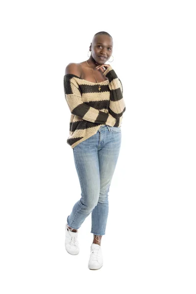 Modelo Moda Femenina Afroamericana Negra Con Camisa Manga Larga Punto — Foto de Stock
