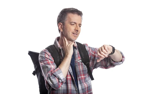 Middle Aged Man Senior Citizen Checking Heart Rate Pulse Health — Stock Photo, Image