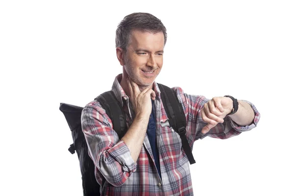 Middle Aged Man Senior Citizen Checking Heart Rate Pulse Health — Stock Photo, Image